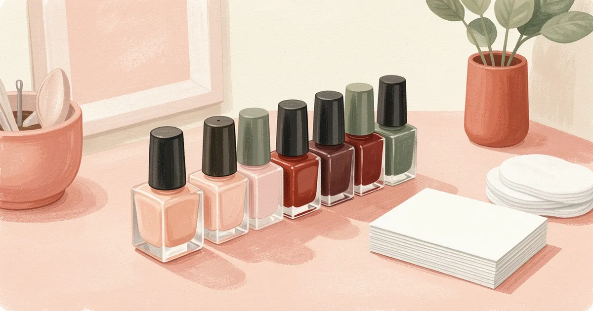 Ilustração de vidros de esmalte enfileirados do mais claro ao mais escuro sobre a mesa de manicure, ao lado de cartões em branco