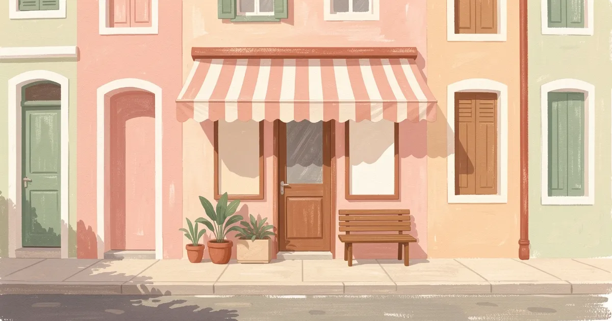 Ilustração da fachada de um pequeno estúdio de beleza numa calçada ensolarada, com toldo listrado, banco e vasos de planta