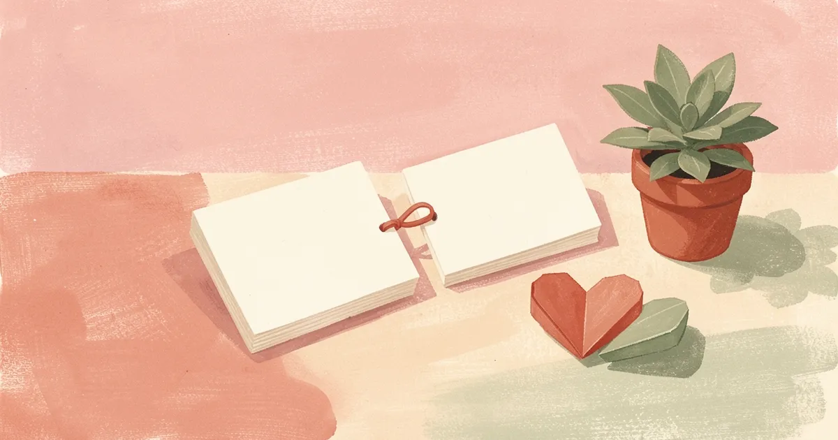 Ilustração de dois cartões em branco ligados por uma fita, ao lado de dois corações de papel dobrados sobre o balcão