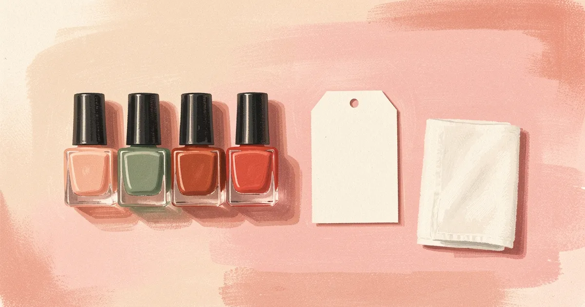 Ilustração de esmaltes organizados em fileira ao lado de uma etiqueta de papel dobrada em branco e uma toalha limpa, vista de cima