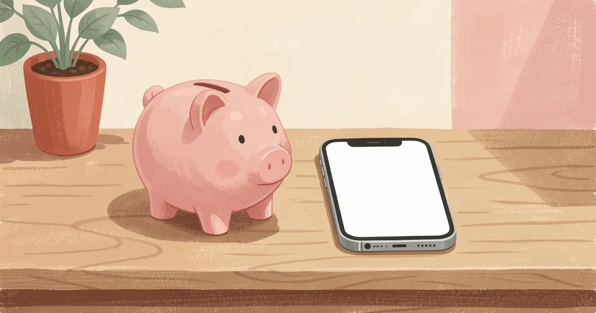 Ilustração de um cofrinho levemente inclinado ao lado de um celular com tela em branco, sobre um balcão de madeira