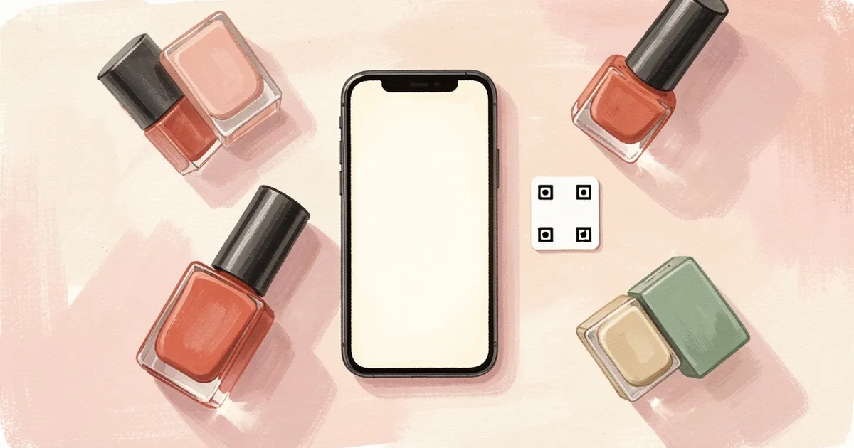 Ilustração de um celular com tela em branco, um quadrado de QR code em branco e vidros de esmalte ao redor, vista de cima