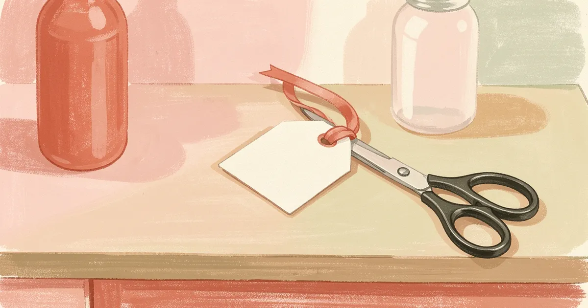 Ilustração de uma etiqueta de preço em branco pendurada em uma fita ao lado de uma tesoura, sobre o balcão do salão
