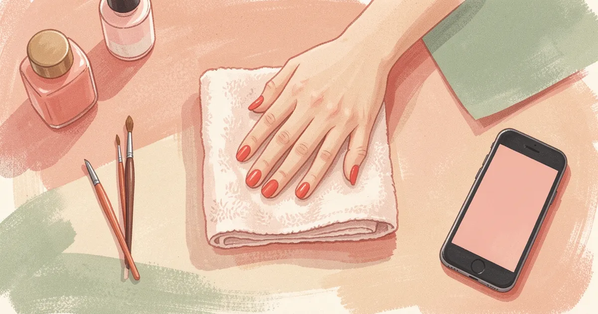Ilustração vista de cima de uma mesa de manicure com a mão da cliente sobre a toalha, um pincel e um celular virado para baixo