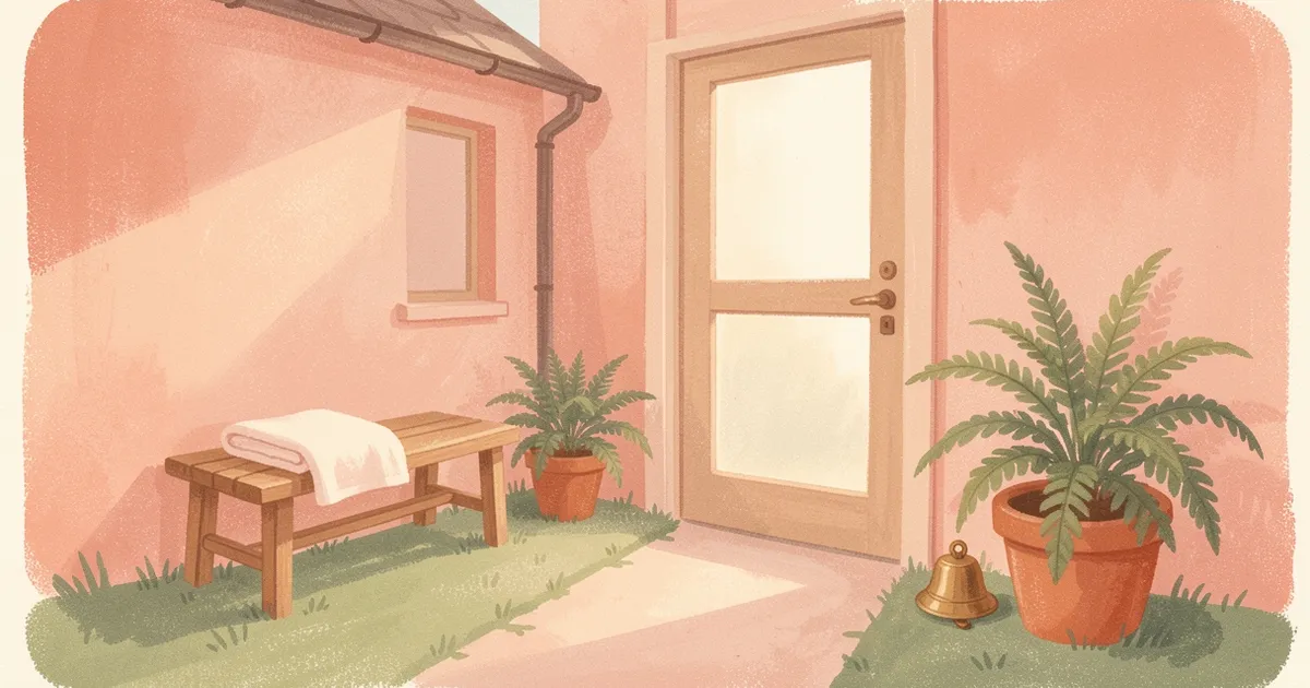 Ilustração de um caminho lateral de uma casa que leva a uma porta de estúdio separada, com banco de madeira, toalha dobrada, samambaia e uma pequena sineta