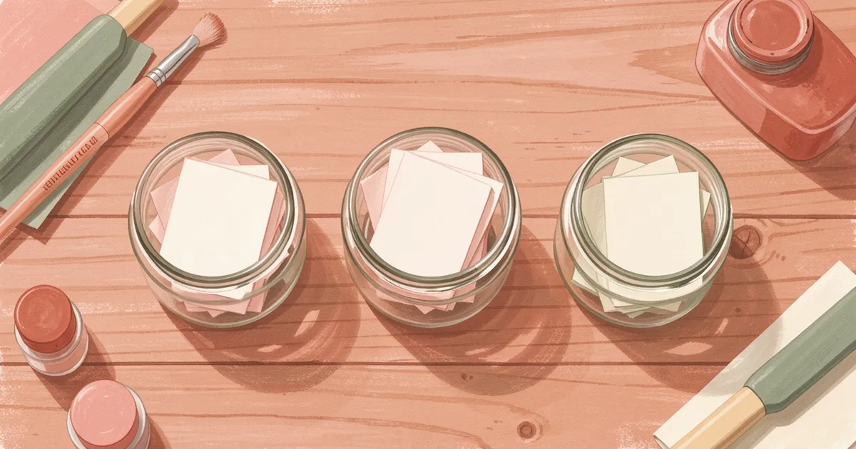 Ilustração de três potes de vidro pequenos, cada um com uma quantidade diferente de papéis dobrados em branco, sobre a mesa