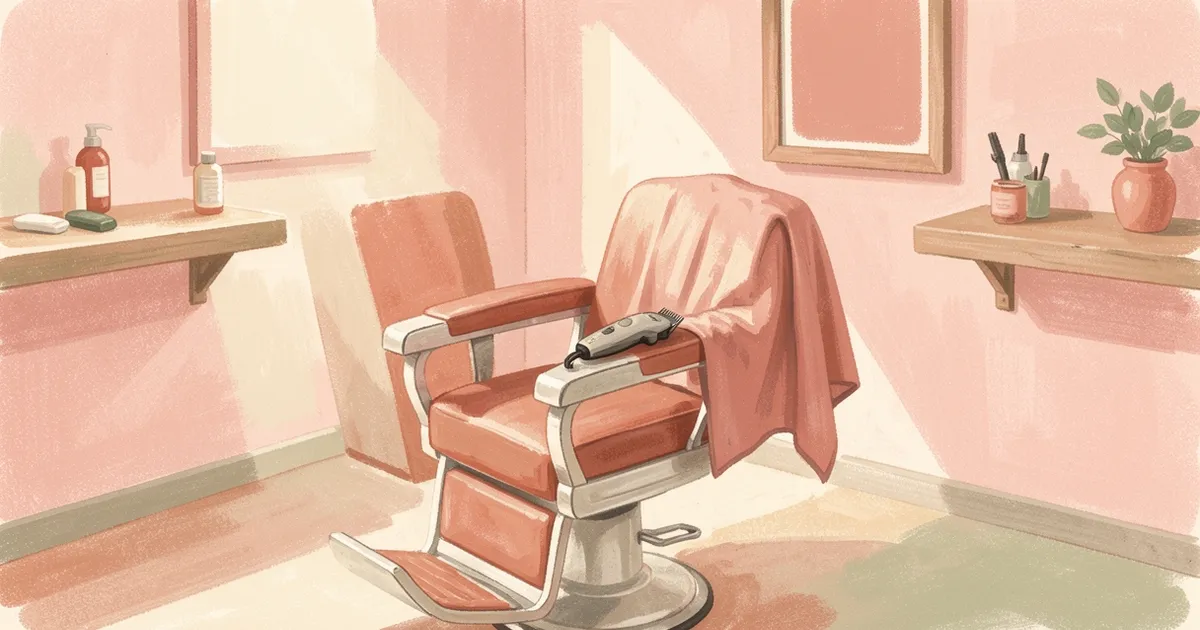 Ilustração de uma cadeira de barbeiro com máquina de cortar cabelo e uma capa dobrada no braço, espelho ao fundo