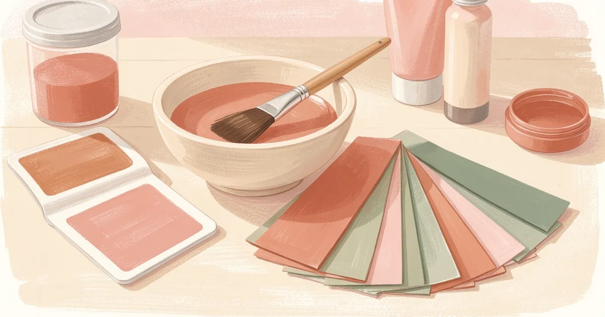 Ilustração de uma bacia de coloração com pincel, tiras de papel alumínio em leque e amostras de cor de cabelo sobre o balcão