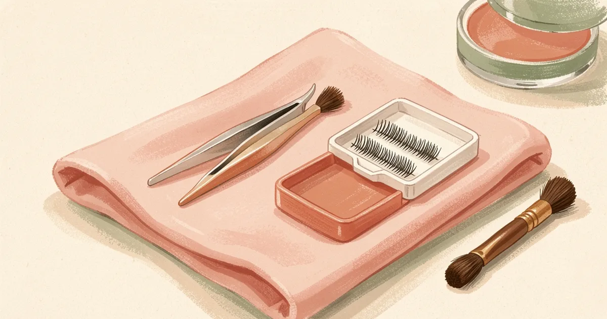 Ilustração de uma pinça de cílios e uma bandeja pequena de cílios postiços ao lado de um pincel de sobrancelha, sobre um pano