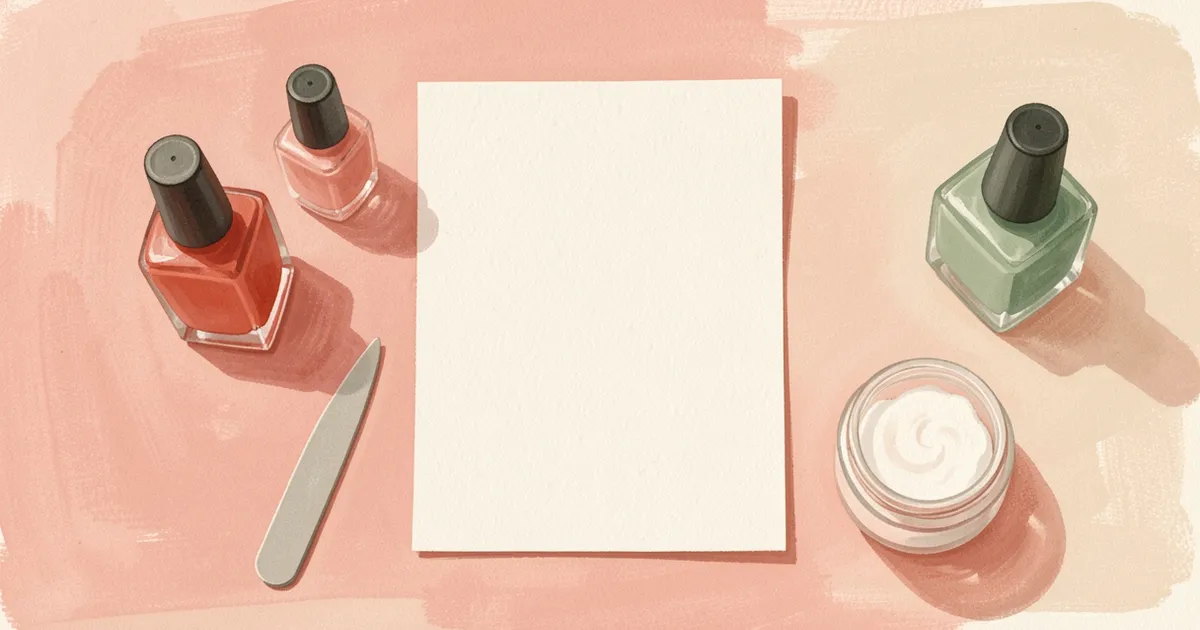 Ilustração de uma mesa de manicure vista de cima, com esmaltes, uma lixa de unha e um potinho de algodão
