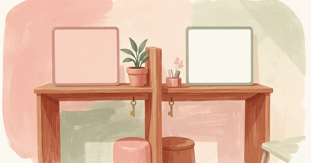Ilustração de duas bancadas de manicure lado a lado em um salão, cada uma com uma chavinha pendurada, separadas por uma planta