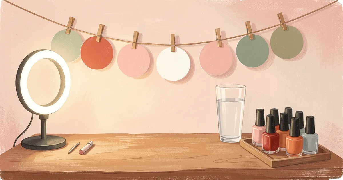 Ilustração de sete cartões redondos presos por pregadores em um varal acima de uma mesa de manicure, com um ring light aceso ao lado