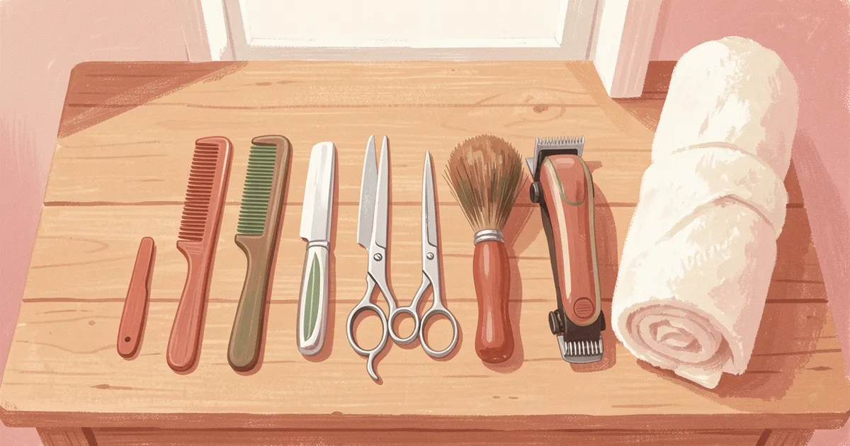 Ilustração vista de cima de um balcão de barbearia com pente, navalha, tesoura, pincel de barba e máquina de corte em fila, ao lado de uma toalha enrolada