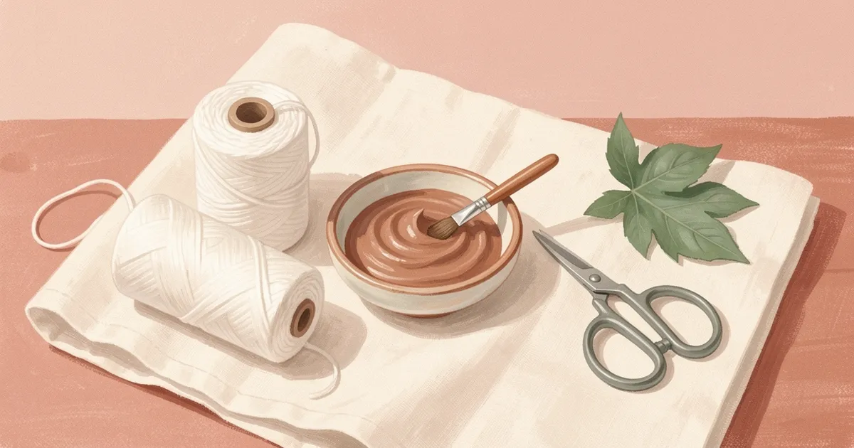 Ilustração de uma toalha de linho clara com carretel de linha branca, pote de cerâmica com pasta marrom e pincel pequeno, tesoura curva e uma folha verde