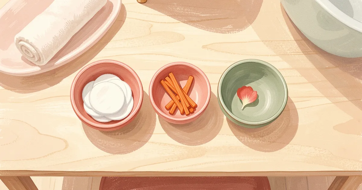 Ilustração de três tigelas de cerâmica de tamanhos diferentes sobre a mesa de manicure, com algodão, palitos e uma pétala, ao lado de uma toalha enrolada
