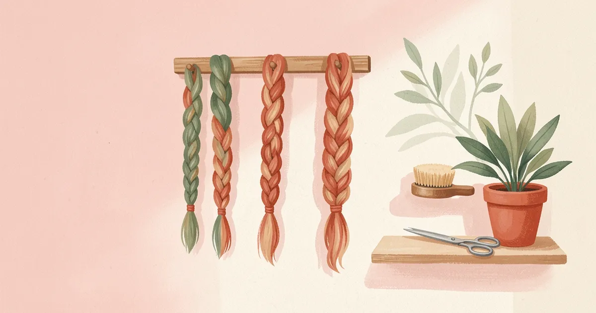 Ilustração de três mechas de cabelo trançadas, curta, média e longa, penduradas em pinos de madeira na parede do salão, com escova e tesoura na prateleira