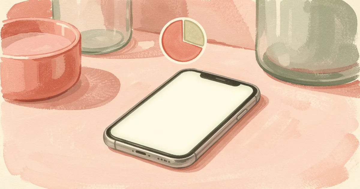 Ilustração de um celular com tela em branco e um pequeno ícone circular de gráfico acima, sobre o balcão