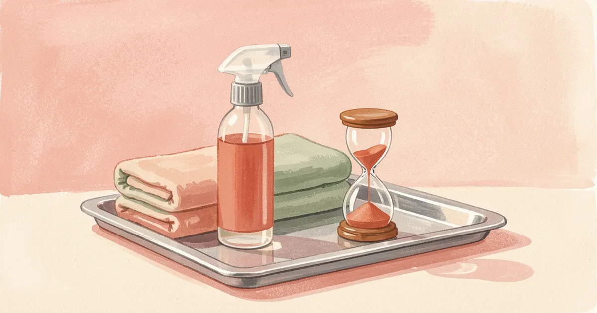 Ilustração de um borrifador, toalhas limpas dobradas e uma ampulheta sobre uma bandeja de aço, em composição limpa