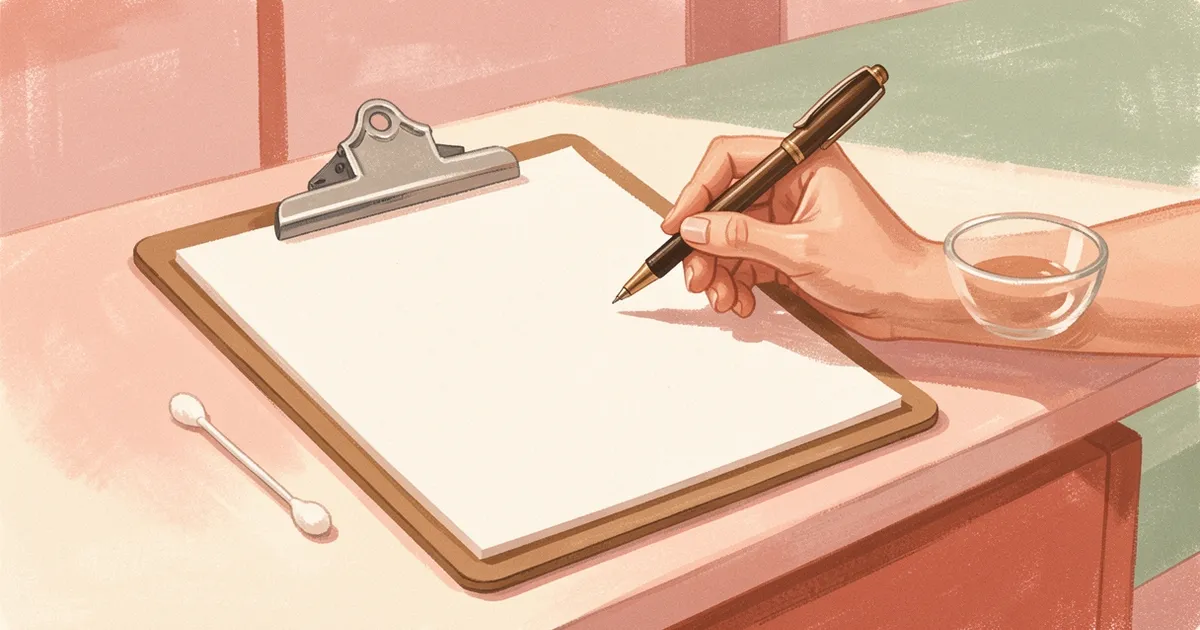 Ilustração de uma mão segurando uma caneta sobre uma folha em branco presa numa prancheta, ao lado de um cotonete e uma tigela pequena sobre o balcão