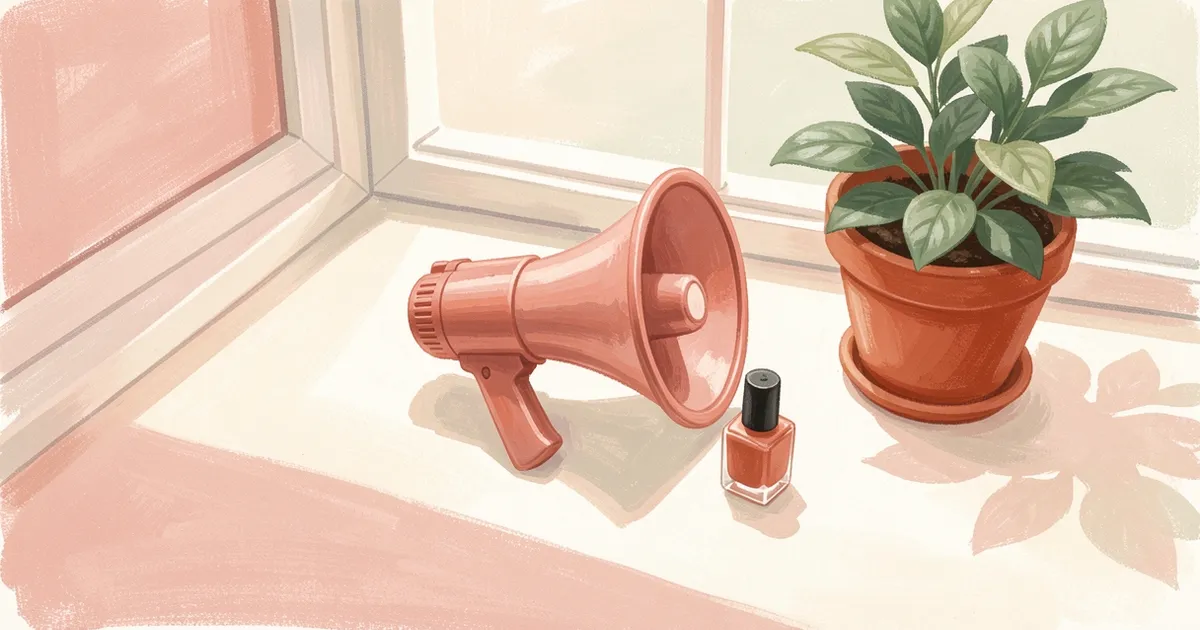 Ilustração de um pequeno megafone de brinquedo ao lado de um esmalte e uma planta em um parapeito ensolarado