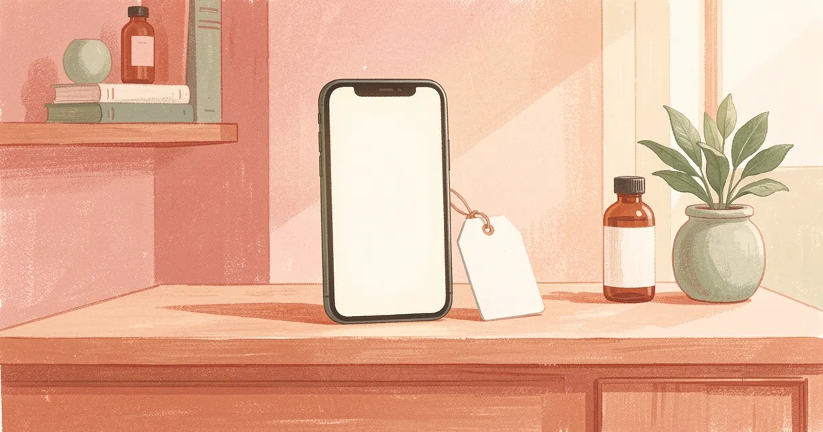 Ilustração de um celular apoiado com tela em branco e um ícone de etiqueta de catálogo ao lado, sobre uma mesa de recepção organizada